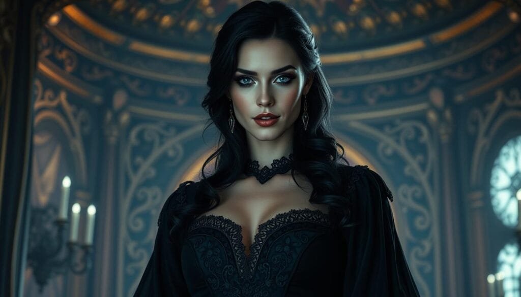 A beautiful, regal woman stands tall, her piercing violet eyes captivating the viewer. Yennefer of Vengerberg, the sorceress, adorned in a flowing black gown with intricate lace details. Her porcelain skin is accentuated by delicate makeup, and her ebony hair cascades in soft waves. The scene is set in a dimly lit, ornate interior, with moody lighting casting dramatic shadows. Yennefer's powerful presence commands attention, her expression a perfect balance of elegance and intensity. The atmosphere is mystical and alluring, capturing the essence of this iconic character from The Witcher universe.