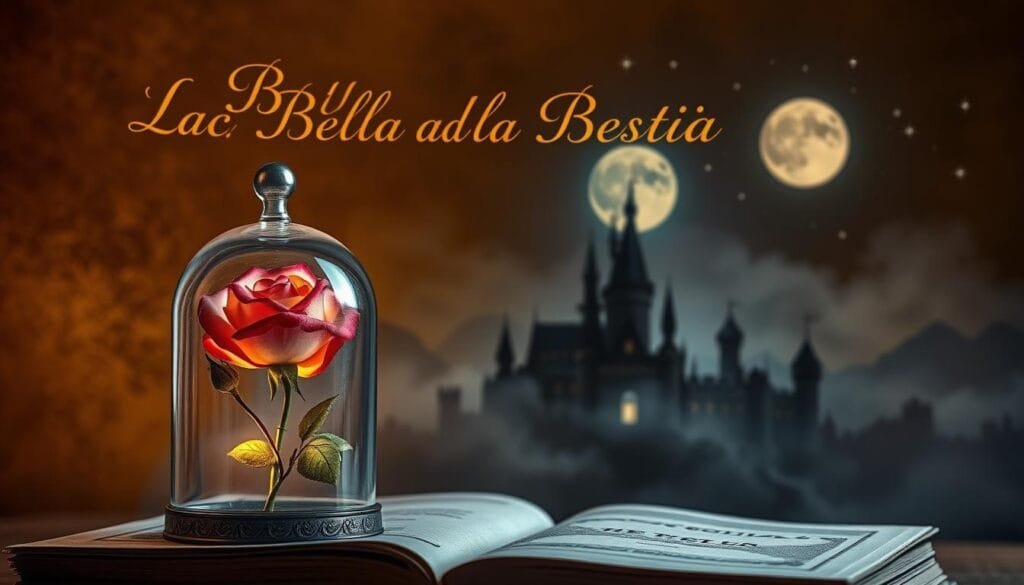 A beautifully crafted book cover with a gilded title "Estructura de prompts efectivos para La Bella y la Bestia" against a warm, textured background. In the foreground, a detailed illustration of an enchanted rose in a glass dome, its petals delicately illuminated by soft, romantic lighting. In the middle ground, silhouettes of the castle and its iconic architecture, shrouded in mist and a magical, dreamlike atmosphere. The background features a starry night sky, with the moon casting a subtle glow over the entire scene, creating a sense of wonder and enchantment. The overall composition is balanced, with a focus on the key elements that capture the essence of the fairy tale.