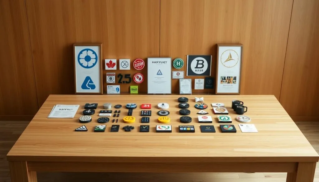 A beautifully designed and meticulously organized table, set against a warm, earthy background. The table's surface is made of polished, light-toned wood, with clean lines and a minimalist aesthetic. Arranged neatly on the table are various icons, symbols, and logos associated with the anime series Haikyu!!. These elements are positioned with precision, creating a visually striking and informative display. The lighting is soft and diffused, casting gentle shadows and highlighting the details of the table and its contents. The overall mood is one of focus, clarity, and a deep appreciation for the world of Haikyu!!.