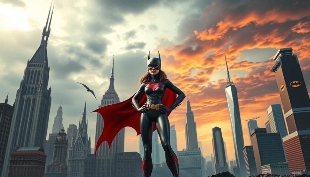 A beautifully rendered scene of Batgirl in different eras and settings. In the foreground, Batgirl stands tall, her crimson cape billowing behind her as she surveys the landscape. The middle ground features a diverse array of architectural styles, from gothic Gotham cityscapes to sleek, futuristic cityscapes, each reflecting a unique time period. In the background, a dramatic sky shifts from stormy grays to vivid sunsets, creating an evocative atmosphere. The lighting is cinematic, casting dramatic shadows and highlights that accentuate Batgirl's confident pose. The camera angle is slightly low, emphasizing her heroic stature. The overall composition conveys a sense of Batgirl's adaptability, as she remains a steadfast protector across the ages.