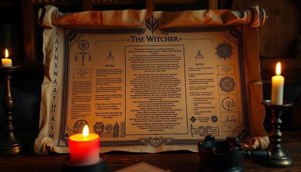 A blueprint for crafting an impactful prompt to generate a visually compelling image of "Estructura de Prompt para The Witcher". A tightly-framed center composition showcases a meticulously detailed parchment scroll unfurled, revealing a complex, multi-layered template for a Witcher-themed prompt. Soft, warm lighting from a flickering candle casts a cozy, meditative ambiance, while the parchment's antique texture and aged discoloration evoke a sense of timeless artistry. Intricate typography, runes, and iconography adorn the scroll, providing a striking visual representation of the structural elements required to create captivating Witcher imagery. The overall scene conveys a scholarly, alchemical atmosphere, inspiring viewers to explore the nuances of crafting effective prompts for generating Witcher-inspired art.
