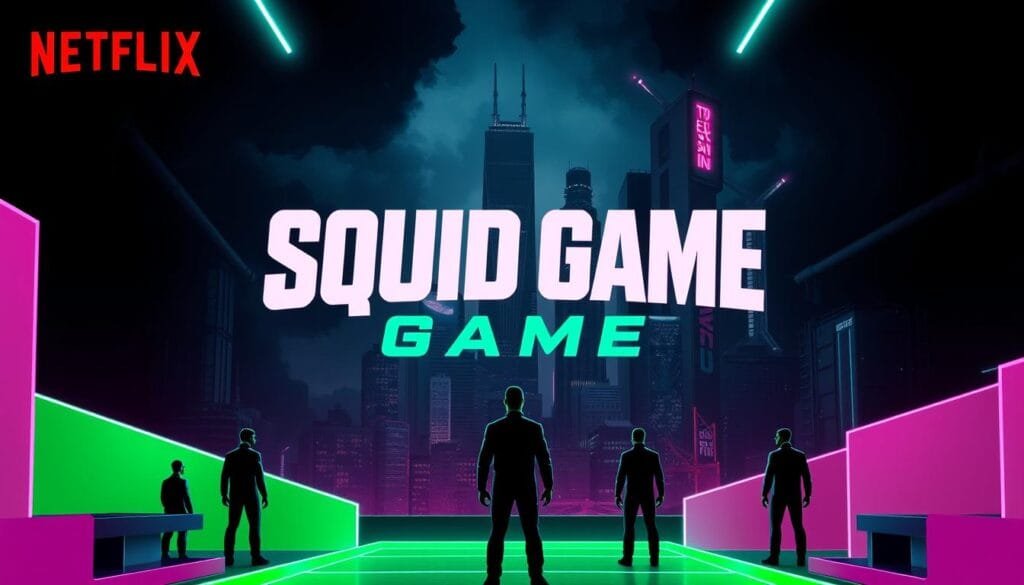 A bold, vibrant poster for the hit Netflix series "Squid Game". In the foreground, the iconic green and pink geometric shapes and silhouettes of players in their distinctive jumpsuits. The middle ground features the show's title in a striking, angular font. In the background, a shadowy, industrial cityscape with towering skyscrapers and neon lights, evoking the dystopian setting of the series. The lighting is high-contrast, with dramatic shadows and highlights, creating a sense of tension and unease. The overall aesthetic is a perfect blend of minimalist design and gritty, cyberpunk-inspired visuals, capturing the essence of the show.
