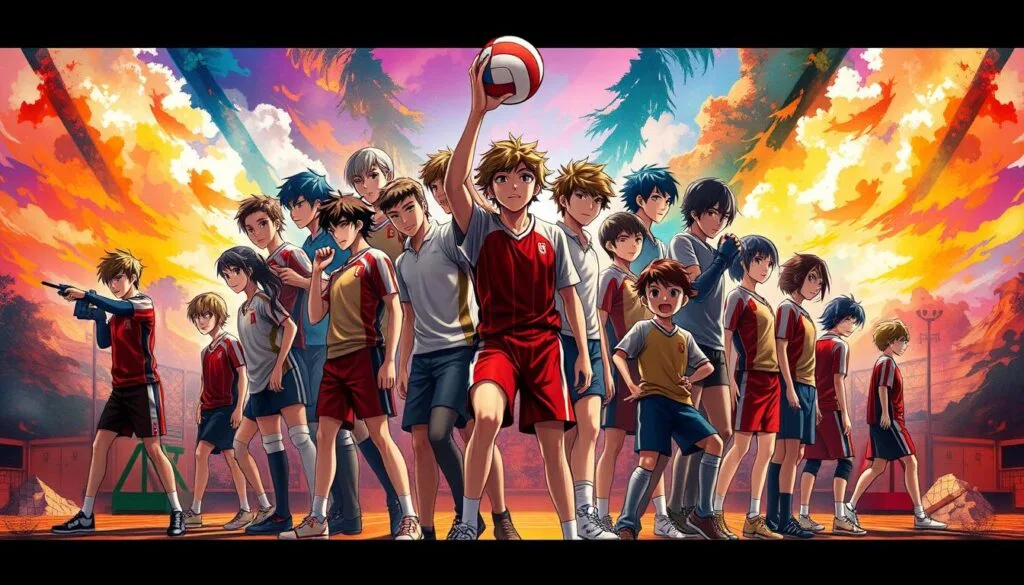 A breathtaking collage of Haikyu!! characters in a variety of artistic styles, blending realism, impressionism, and vibrant expressionism. The foreground features the main volleyball players in dynamic poses, their forms and movements conveyed through bold, gestural brushstrokes. The middle ground showcases the supporting cast in more muted, atmospheric tones, their expressions and personalities subtly captured. The background is a kaleidoscope of abstract, color-rich landscapes, evoking the energetic world of the anime. Dramatic lighting casts dramatic shadows, adding depth and visual interest. The overall composition is a harmonious fusion of the characters and their artistic interpretations, capturing the spirit and essence of Haikyu!! in a visually stunning manner.