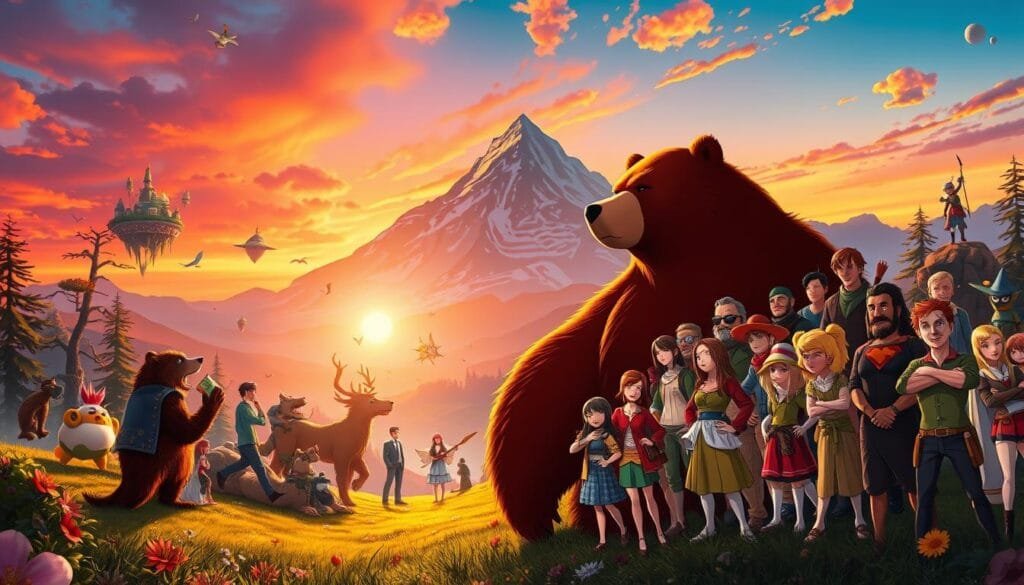 A breathtaking crossover scene featuring the iconic characters from "The Bear" franchise. In the foreground, the grizzly bear stands tall and majestic, its powerful frame casting a striking silhouette against a vibrant sunset sky. Surrounding the bear, a diverse array of beloved characters from various franchises mingle, their expressions a captivating blend of wonder, reverence, and intrigue. The middle ground is a lush, dreamlike landscape, where fantastical elements such as floating islands, ethereal wisps, and mystical flora blend seamlessly. In the background, a towering mountain range rises, its peaks capped with snow and bathed in warm, golden light, creating a sense of grandeur and mystery. The entire scene is imbued with a sense of magic and whimsy, inviting the viewer to immerse themselves in this extraordinary crossover universe.