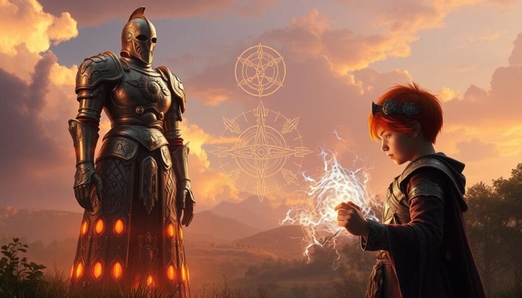 A breathtaking digital alchemical scene, set in a lush, ethereal landscape. In the foreground, a towering suit of armor stands tall, its intricate metal plates gleaming under warm, dramatic lighting. Beside it, a young alchemist with fiery red hair and a determined expression performs a complex transmutation, alchemical energy crackling around their hands. In the middle ground, the iconic Flamel cross shimmers, surrounded by swirling alchemical symbols and arrays. The background depicts a vast, dreamlike sky, tinged with hues of gold and violet, conveying a sense of mysticism and wonder. The overall mood is one of awe-inspiring power, innovation, and the intersection of science and the supernatural.