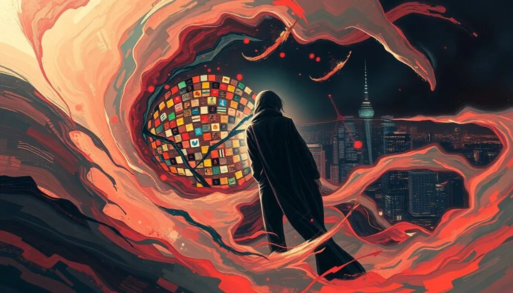 A breathtaking fusion of artistic styles, capturing the essence of Tokyo Ghoul. In the foreground, a haunting ghoul figure emerges from a swirling, surreal landscape, its features obscured by a delicate veil of impressionist brushstrokes. The middle ground showcases a mosaic of vibrant colors and abstract shapes, reminiscent of expressionist works, while the background features a moody, chiaroscuro-inspired cityscape, hinting at the dark and gritty world of the series. Bathed in a warm, ethereal lighting and rendered with a touch of photorealism, this captivating image seamlessly blends the boundaries between different artistic disciplines, creating a mesmerizing and immersive visual experience.