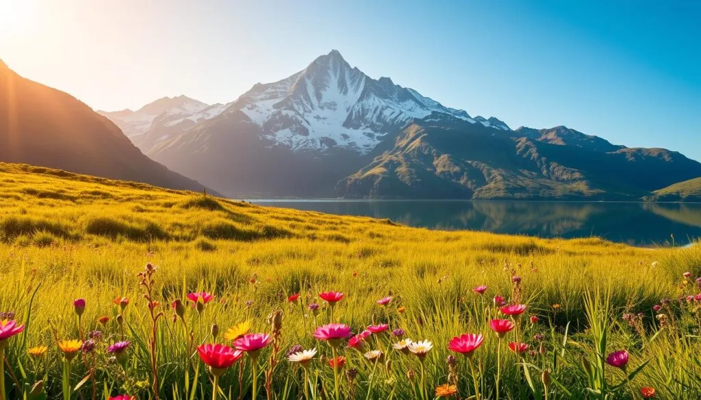 A breathtaking landscape with a majestic mountain range towering in the background, their snow-capped peaks piercing the sky. In the foreground, a lush, verdant meadow adorned with vibrant wildflowers, their petals swaying gently in a soft breeze. A serene lake reflects the image of the mountains, its crystal-clear waters mirroring the dramatic scenery. Warm, golden sunlight bathes the scene, casting a warm, inviting glow and creating a sense of tranquility and peace. The composition is balanced, with the elements in the foreground, middle ground, and background seamlessly blending together to create a visually stunning and captivating image.