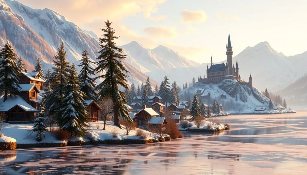 A breathtaking panoramic view of the picturesque town of Arendelle, nestled amidst the majestic snow-capped mountains of the Scandinavian fjords. The quaint houses and buildings with their distinctive Scandinavian architecture are blanketed in a soft layer of pristine snow, glistening in the warm glow of the setting sun. In the foreground, a frozen lake reflects the serene winter landscape, its surface dotted with the intricate patterns of ice crystals. Towering pine trees stand tall in the middle ground, their branches heavy with fresh snowfall. In the distance, the iconic Arendelle Castle perches atop a rocky outcrop, its turrets and spires reaching towards the sky. The entire scene is bathed in a warm, golden light, creating a cozy and enchanting atmosphere that captures the essence of the Frozen world.