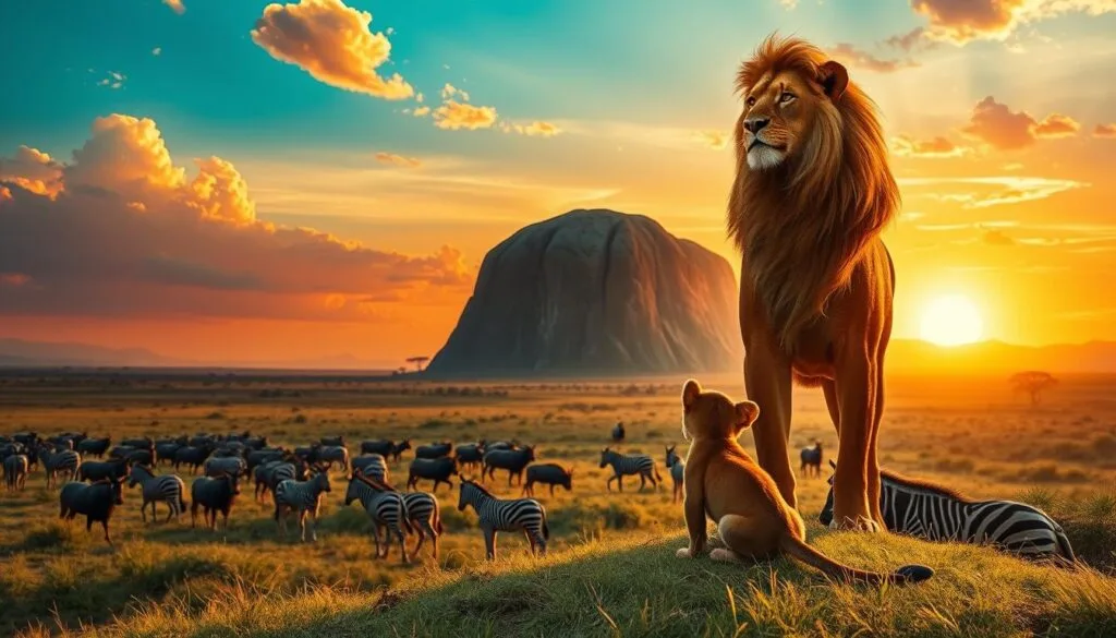 A breathtaking savanna landscape with a stunning sunset sky, casting a warm, golden glow across the iconic Pride Rock. In the foreground, Mufasa stands tall, his majestic mane flowing in a gentle breeze, as he gazes out over the kingdom. Simba, a small cub, sits at his father's feet, eyes wide with wonder and admiration. In the middle ground, herds of wildebeest and zebra graze peacefully, while in the distance, the silhouettes of acacia trees dot the horizon. The scene is captured with a cinematic, wide-angle lens, creating a sense of grandeur and scale. The overall mood is one of awe, wonder, and the timeless majesty of the African savanna. A breathtaking savanna landscape with a stunning sunset sky, casting a warm, golden glow across the iconic Pride Rock. In the foreground, Mufasa stands tall, his majestic mane flowing in a gentle breeze, as he gazes out over the kingdom. Simba, a small cub, sits at his father's feet, eyes wide with wonder and admiration. In the middle ground, herds of wildebeest and zebra graze peacefully, while in the distance, the silhouettes of acacia trees dot the horizon. The scene is captured with a cinematic, wide-angle lens, creating a sense of grandeur and scale. The overall mood is one of awe, wonder, and the timeless majesty of the African savanna.