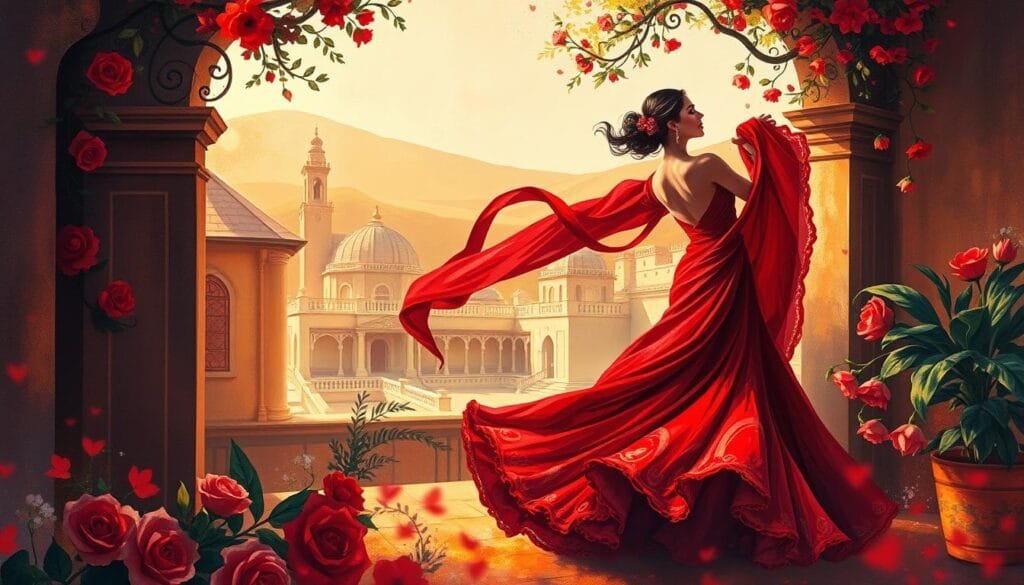 A breathtaking scene of Spanish artistic illustrations, awash in vibrant hues and captivating details. In the foreground, bold brushstrokes bring to life a stunning flamenco dancer, her flowing crimson dress and passionate movements evoking the essence of Spanish culture. In the middle ground, intricate patterns and ornate designs reminiscent of traditional Spanish architecture surround her, creating a rich, immersive atmosphere. The background features a soft, golden-hued landscape, perhaps a sun-drenched plaza or a charming Andalusian village, hinting at the country's picturesque vistas. Warm, diffused lighting casts a romantic glow, accentuating the artistic flair and emotive qualities of this captivating scene. The overall composition conveys a sense of vibrant energy, cultural pride, and the unique artistic spirit that defines the Spanish artistic tradition.
