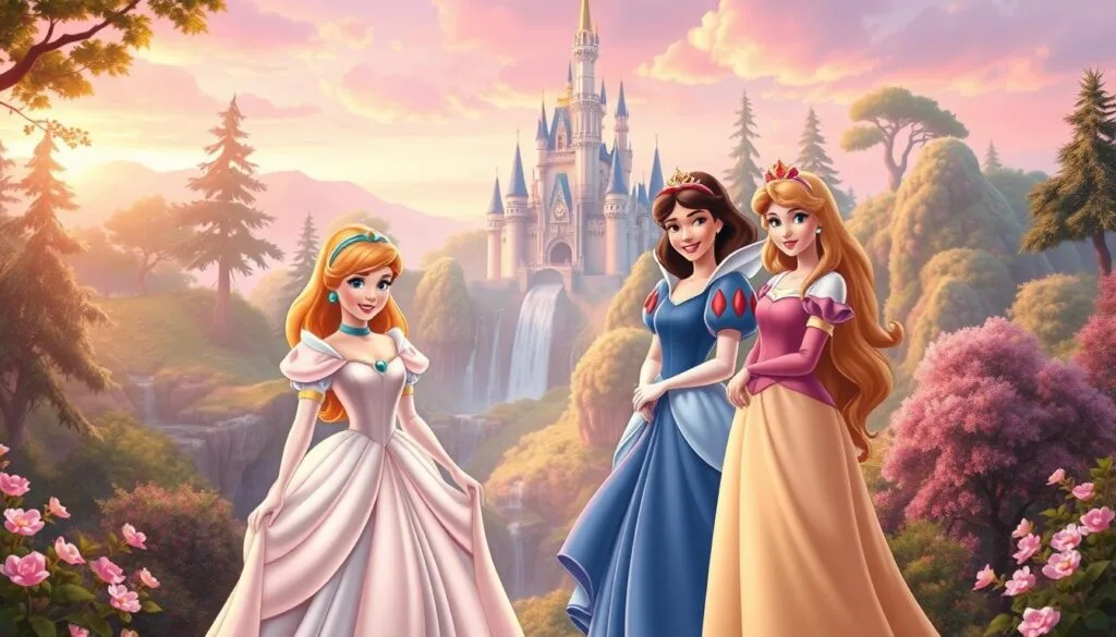 A breathtaking scene of classic Disney princesses in a whimsical, dreamlike setting. In the foreground, Cinderella, Snow White, and Aurora gracefully stand together, their elegant gowns shimmering in the soft, warm lighting. Their faces radiate kindness and wonder, as if caught in a moment of joyful camaraderie. The middle ground features a lush, enchanted forest, with towering trees, cascading waterfalls, and delicate flowers blooming all around. In the background, a majestic castle rises, its turrets and spires reaching towards a vibrant, pastel sky. The overall composition conveys a sense of timeless magic, transporting the viewer into the enchanting world of classic Disney princesses. A breathtaking scene of classic Disney princesses in a whimsical, dreamlike setting. In the foreground, Cinderella, Snow White, and Aurora gracefully stand together, their elegant gowns shimmering in the soft, warm lighting. Their faces radiate kindness and wonder, as if caught in a moment of joyful camaraderie. The middle ground features a lush, enchanted forest, with towering trees, cascading waterfalls, and delicate flowers blooming all around. In the background, a majestic castle rises, its turrets and spires reaching towards a vibrant, pastel sky. The overall composition conveys a sense of timeless magic, transporting the viewer into the enchanting world of classic Disney princesses.