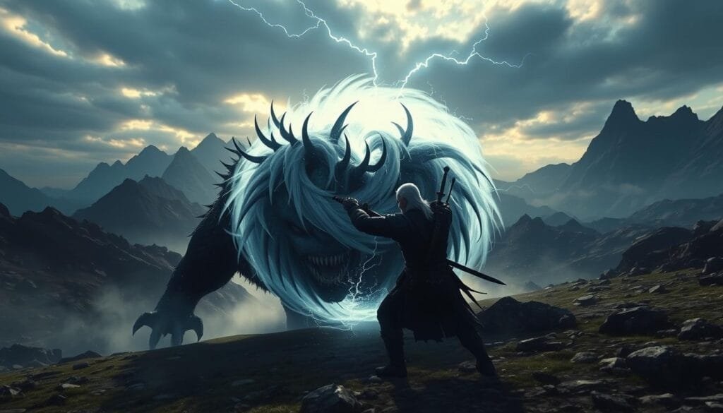 A breathtaking scene of intense action from the world of The Witcher. In the foreground, a fierce Geralt of Rivia, sword drawn, locked in combat with a monstrous beast, its fangs bared and claws extended. The middle ground is a swirling cloud of magical energy, crackling with electricity as Geralt harnesses his witcher abilities. In the distant background, a rugged, battle-scarred landscape, with towering mountains and a foreboding sky, setting the stage for this epic clash. Dramatic lighting casts dramatic shadows, heightening the tension and drama. Shoot this with a wide-angle lens to capture the full scale and grandeur of the scene.