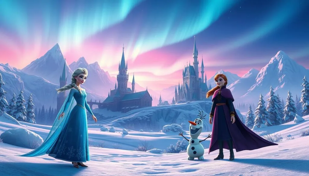 A breathtaking winter wonderland scene of Frozen characters and landscapes, captured in a cinematic, highly detailed illustration. In the foreground, Elsa and Anna stand hand-in-hand, their dresses shimmering with icy accents. Olaf the snowman waddles nearby, his carrot nose and stick arms bringing a touch of whimsy. The middle ground features the iconic Arendelle castle, its towers and turrets adorned with intricate snowflake patterns. In the background, majestic ice formations and towering mountains rise against a vibrant, aurora-lit sky, casting a magical glow over the entire scene. Soft, diffused lighting highlights the characters' features and the intricate details of the environment, creating a sense of wonder and enchantment.