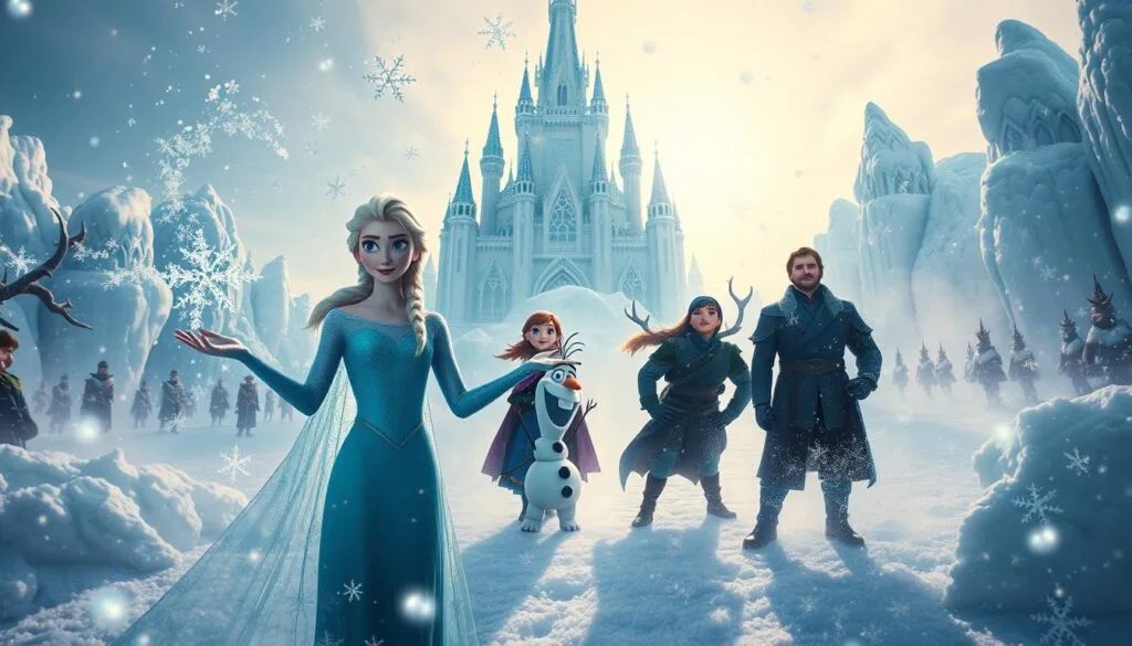 A breathtaking winter wonderland, with the iconic Frozen characters caught in a whirlwind of magical, icy effects. The foreground features Elsa, her hands outstretched, conjuring shimmering snowflakes that dance and swirl through the air. In the middle ground, Anna, Kristoff, and Olaf are enveloped in a shimmering frost, their expressions of awe and wonder. In the background, the majestic ice palace rises, its spires and walls glistening with intricate, fractalized patterns of ice. Dramatic lighting casts dramatic shadows, while a soft, diffused glow illuminates the scene, creating a sense of ethereal, otherworldly beauty. Captured with a wide-angle lens, the image conveys the grand scale and enchanting atmosphere of this frozen fantasy world.