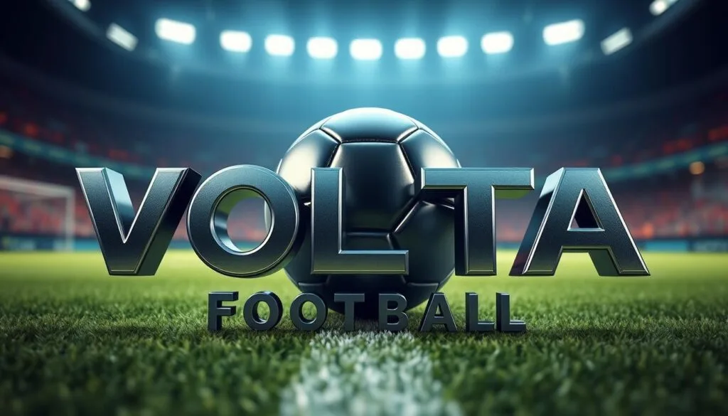 A brightly lit, realistic 3D rendering of the VOLTA Football logo and branding. In the foreground, the stylized "VOLTA" text is prominently displayed, with a modern, sleek design and metallic sheen. The "Football" text below is slightly smaller, with a similar metallic finish. The middle ground features a highly detailed soccer ball, with intricate stitching and a glossy surface that reflects the surrounding environment. In the background, there is a blurred, out-of-focus stadium or field scene, conveying the sense of a professional, high-stakes football match. The overall composition has a cinematic, high-production-value aesthetic, with dramatic lighting and depth of field to create a powerful, immersive visual experience.