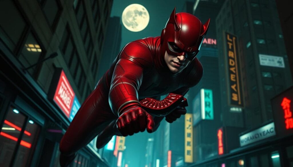 A brooding Daredevil, his crimson costume adorned with subtle shadows, navigating an alternate cityscape. Neon-lit alleyways, skyscrapers with a futuristic edge, and an ominous moon casting an eerie glow. Daredevil's heightened senses guiding him through this unfamiliar, cyberpunk-inspired environment, his acute focus and agility on full display. Cinematic lighting accentuates the drama, with dramatic chiaroscuro effects and a moody, atmospheric tone. The scene conveys a sense of mystery, danger, and the character's unwavering determination to protect this alternate version of Hell's Kitchen.
