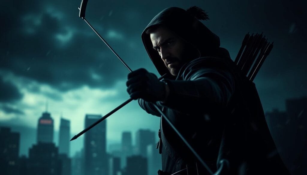 A brooding Hawkeye, clad in a dark Ronin attire, stands resolute against a moody backdrop of a storm-swept city. Shadows envelop his form, accentuating the grim determination etched on his face. His bow, a sleek and deadly instrument, is poised for action, ready to unleash a volley of arrows upon his unseen foes. The scene is bathed in a somber palette of blues and grays, creating a palpable sense of tension and unease. The low-angle perspective heightens the character's imposing presence, while the dramatic lighting casts dramatic shadows, imbuing the image with a cinematic quality. This is Hawkeye, transformed into the Ronin, a haunted warrior seeking justice through the shadows.