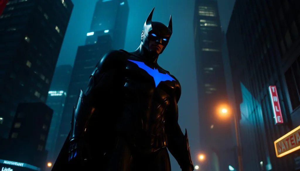 A brooding, atmospheric night scene featuring Nightwing in a dark urban environment. The hero stands tall and resolute, his sleek suit and signature blue emblem catching the faint glow of streetlights and neon signs. Dramatic shadows and highlights create a moody, cinematic effect, with a slight high-angle perspective to emphasize Nightwing's powerful presence. The background is a dense cityscape with towering skyscrapers, their windows reflecting the inky night sky. A light fog or mist adds to the sense of mystery and drama. Subtle camera lens distortion subtly warps the scene, enhancing the sense of tension and unease. Overall, the image conveys Nightwing's skill, determination, and the gritty, noir-inspired world he inhabits.