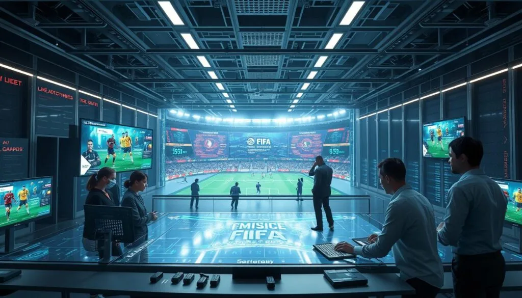 A bustling FIFA-themed AI platform, with sleek holographic screens and intuitive controls. In the foreground, a team of developers collaborate, discussing strategic matchups and fine-tuning algorithms. The middle ground features a panoramic display showcasing live match data, player statistics, and predictive analytics. In the background, a towering data center hums with the processing power required to generate immersive FIFA simulations. The scene is bathed in a cool, futuristic glow, conveying the cutting-edge technology and precision that powers this AI-driven FIFA experience.