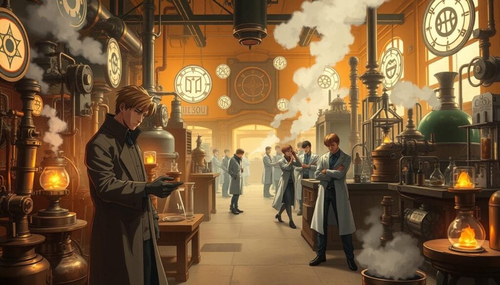 A bustling alchemical workshop, filled with the intricate mechanisms and glowing transmutation circles that power the secondary characters of Fullmetal Alchemist. In the foreground, a skilled alchemist in a long coat and gloves manipulates arcane instruments, surrounded by floating sigils and the faint glow of alchemy. In the middle ground, assistants in uniform lab coats bustle about, tending to alchemical experiments and maintaining the workshop's complex machinery. The background is bathed in a warm, amber-tinted light, hinting at the alchemical energy that flows through the entire scene. The composition is balanced and dynamic, capturing the technical precision and mystical power that defines the supporting cast of this classic anime series.