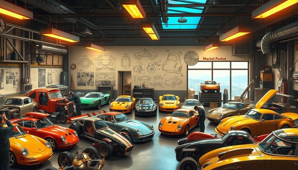 A bustling automotive workshop, illuminated by warm overhead lighting. In the foreground, a team of skilled mechanics meticulously assembles an eclectic collection of car-inspired characters, each with its own unique personality and design. Sleek, aerodynamic bodies in vibrant hues sit alongside quirky, whimsical creations, all brought to life through a blend of traditional and futuristic elements. In the middle ground, intricate diagrams and sketches adorn the walls, serving as inspiration for the ongoing character development process. The background features a panoramic view of the workshop, showcasing various tools, equipment, and a glimpse of the outside world, where the finished characters will ultimately take their place, ready to embark on their own adventures.