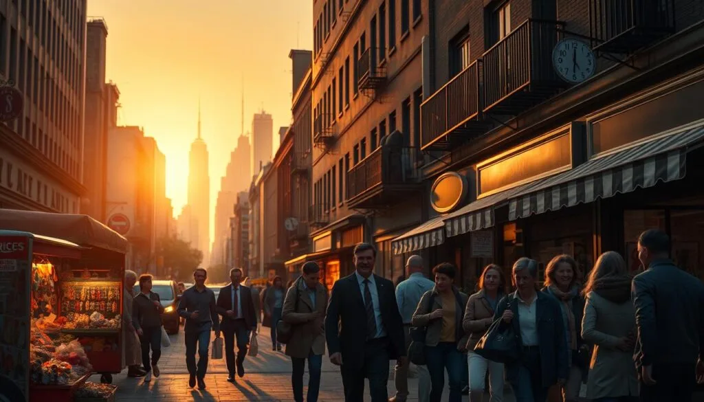 A bustling city street, dimly lit by a soft, golden sunset glow. In the foreground, a diverse cast of secondary characters - a street vendor selling handmade trinkets, a well-dressed businessman hurrying to catch a cab, a group of friends laughing and chatting as they window shop. In the middle ground, the facades of quaint shops and cafes, their details rendered with intricate realism. In the background, the silhouettes of towering skyscrapers, hinting at the larger world beyond this intimate urban scene. The atmosphere is one of quiet energy, a sense of everyday life unfolding with natural ease. Realistic textures, subtle shadows, and a shallow depth of field bring this vibrant tableau to life. A bustling city street, dimly lit by a soft, golden sunset glow. In the foreground, a diverse cast of secondary characters - a street vendor selling handmade trinkets, a well-dressed businessman hurrying to catch a cab, a group of friends laughing and chatting as they window shop. In the middle ground, the facades of quaint shops and cafes, their details rendered with intricate realism. In the background, the silhouettes of towering skyscrapers, hinting at the larger world beyond this intimate urban scene. The atmosphere is one of quiet energy, a sense of everyday life unfolding with natural ease. Realistic textures, subtle shadows, and a shallow depth of field bring this vibrant tableau to life.