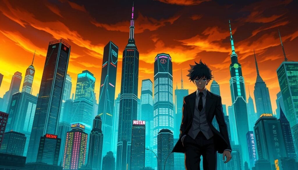 A bustling cityscape in the world of Hunter x Hunter, York New City stands tall and vibrant. In the foreground, a skilled Nen user strides confidently, their tailored outfit and intense gaze hinting at their power. The middle ground is filled with the towering skyscrapers of the metropolitan area, their sleek designs and neon-lit facades suggesting a technological, futuristic atmosphere. In the background, the sky is painted with warm hues, creating a sense of depth and drama. The lighting is dramatic, with sharp shadows and highlights accentuating the details of the architecture and the character's features. The overall mood is one of energy, dynamism, and the potential for extraordinary events to unfold within this captivating setting.