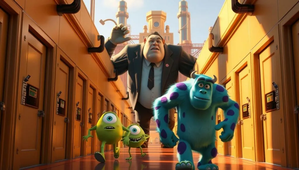 A bustling hallway in Monsters Incorporated, the iconic energy company of Monstropolis. In the foreground, Sulley and Mike hurry through the chaos, their expressions determined as they navigate the labyrinth of doors. The middle ground reveals the towering presence of Randall Boggs, his sly gaze fixed on his prey. In the background, the distinctive architecture of the factory looms, bathed in a warm, golden glow that evokes the vibrant, playful atmosphere of the film. The scene is captured with a cinematic, wide-angle lens, highlighting the grand scale and dynamic energy of this iconic location from the beloved Pixar classic.