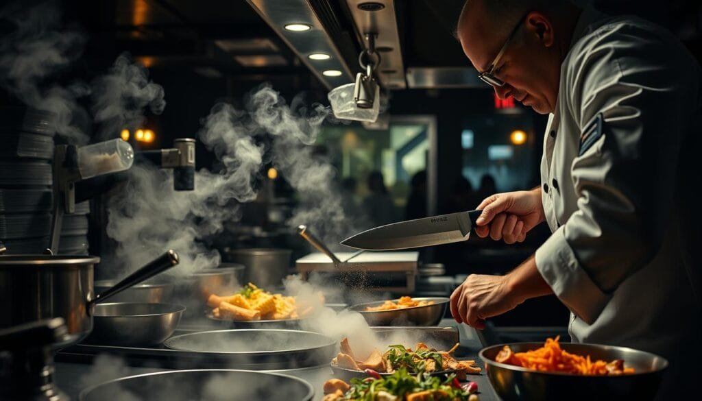 A bustling kitchen filled with intense culinary energy. In the foreground, a skilled chef expertly wields a razor-sharp knife, deftly slicing through vibrant ingredients as steam rises from sizzling pans. The middle ground features a dynamic interplay of culinary tools and equipment, conveying the high-paced rhythm of professional meal preparation. In the background, glimpses of a dimly lit dining area hint at the anticipation of diners eager to savor the fruits of the kitchen's labor. Dramatic chiaroscuro lighting casts dramatic shadows, heightening the sense of intensity and focus. The scene is imbued with a palpable sense of urgency and passion, capturing the essence of an intense culinary experience. A bustling kitchen filled with intense culinary energy. In the foreground, a skilled chef expertly wields a razor-sharp knife, deftly slicing through vibrant ingredients as steam rises from sizzling pans. The middle ground features a dynamic interplay of culinary tools and equipment, conveying the high-paced rhythm of professional meal preparation. In the background, glimpses of a dimly lit dining area hint at the anticipation of diners eager to savor the fruits of the kitchen's labor. Dramatic chiaroscuro lighting casts dramatic shadows, heightening the sense of intensity and focus. The scene is imbued with a palpable sense of urgency and passion, capturing the essence of an intense culinary experience.