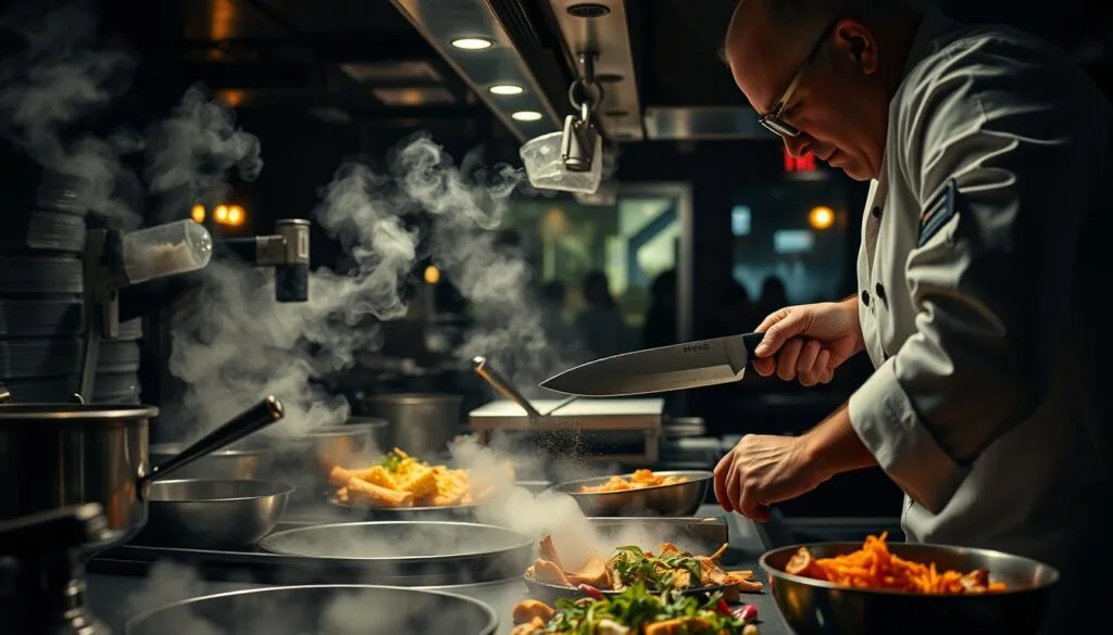 A bustling kitchen filled with intense culinary energy. In the foreground, a skilled chef expertly wields a razor-sharp knife, deftly slicing through vibrant ingredients as steam rises from sizzling pans. The middle ground features a dynamic interplay of culinary tools and equipment, conveying the high-paced rhythm of professional meal preparation. In the background, glimpses of a dimly lit dining area hint at the anticipation of diners eager to savor the fruits of the kitchen's labor. Dramatic chiaroscuro lighting casts dramatic shadows, heightening the sense of intensity and focus. The scene is imbued with a palpable sense of urgency and passion, capturing the essence of an intense culinary experience.