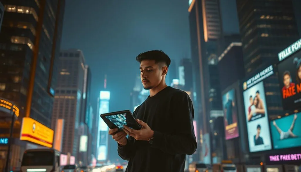 A bustling metropolis at night, its skyscrapers illuminated by a sea of neon lights. In the foreground, a lone figure stands, their face reflected in a sleek, high-tech device they hold in their hands. The device's screen displays a swirling array of memories, a window into the individual's past. The atmosphere is one of contemplation and unease, as the person grapples with the implications of this "The Entire History of You" technology. The scene is captured through a wide-angle lens, emphasizing the contrast between the towering cityscape and the introspective nature of the central figure. Soft, warm lighting casts a glow over the entire composition, creating a sense of depth and mystery.
