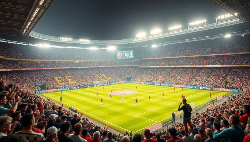 A bustling stadium filled with passionate fans, their voices echoing through the air as they cheer on their favorite pro clubs in an intense FIFA match. The vibrant green pitch stretches out before them, players in their team-colored jerseys darting across the field, their cleats digging into the turf as they compete for the ball. The stands are adorned with banners and flags, creating a dynamic and energetic atmosphere. Bright stadium lights cast a warm glow over the scene, illuminating the determination and skill of the players as they battle for victory. In the distance, the towering scoreboard keeps track of the score, adding to the excitement and anticipation of the match.