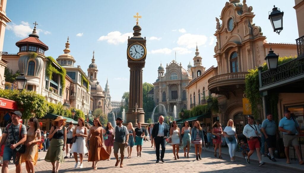 A bustling street in the heart of Fontaine, the City of Fountains, bathed in warm afternoon sunlight. In the foreground, a diverse group of Fontainian characters stroll along the cobblestone path, their distinctive outfits and accessories reflecting the region's unique fashion and culture. A graceful, water-powered clocktower stands tall in the middle ground, its intricate metalwork gleaming. In the background, ornate buildings with cascading waterfalls and lush greenery create a picturesque urban landscape. The scene exudes a sense of vibrancy, innovation, and a touch of whimsy, capturing the essence of Fontaine and its captivating inhabitants.