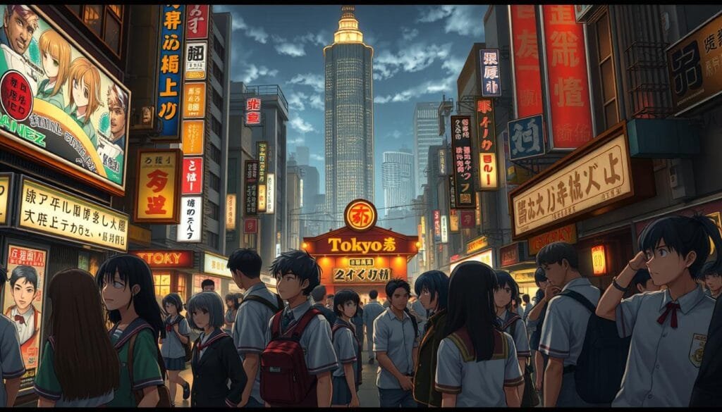 A bustling street in the heart of Tokyo, illuminated by the neon glow of billboards and streetlights. In the foreground, a diverse cast of secondary characters from the world of Tokyo Revengers come to life. Delinquent students in school uniforms, with distinct hairstyles and expressions, stand in groups, chatting and laughing. In the middle ground, a yakuza-style bar with a smoky atmosphere and tough-looking patrons. In the background, the iconic skyscrapers and skyline of the city, adding a sense of scale and urban energy. The scene is imbued with a gritty, cinematic atmosphere, capturing the raw energy and vibrant character of the Tokyo Revengers universe.