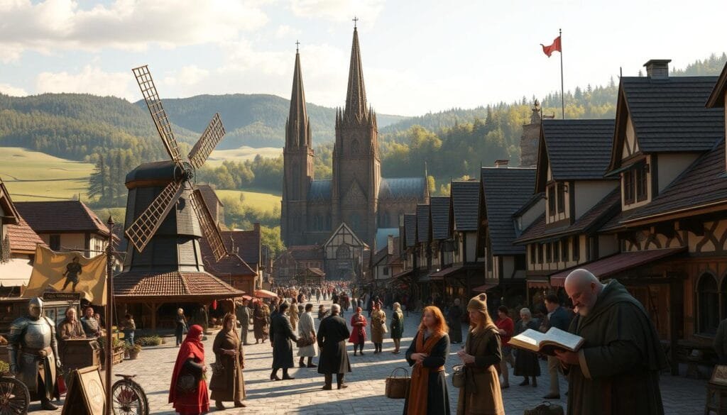 A bustling town square in Mondstadt, the City of Freedom, bathed in warm golden light. In the foreground, the iconic windmills of the city spin lazily, their sails catching the gentle breeze. Surrounding the square, a diverse cast of Mondstadt's residents go about their daily lives - a knight in shining armor standing guard, a merchant haggling with customers, and a scholar deeply engrossed in an ancient tome. In the middle ground, the towering spires of the Cathedral of Favonius reach skyward, their gothic architecture a testament to the city's rich history. In the background, the rolling hills and lush forests that encircle Mondstadt can be seen, hinting at the boundless adventure that awaits beyond the city walls. An atmosphere of tranquility and community permeates the scene, capturing the essence of this beloved region of Teyvat.