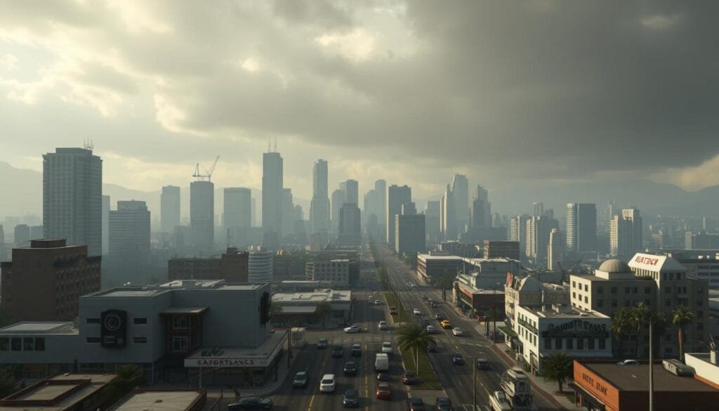 A busy cityscape of Los Santos, the iconic fictional city from the Grand Theft Auto series, with a focus on common mistakes made when creating AI-generated images of this setting. In the foreground, glitchy or distorted character models, vehicles, and environments stand out against a slightly hazy, muted color palette. The middle ground features a mixture of realistic and exaggerated architectural elements, creating a sense of visual inconsistency. In the background, a looming, ominous sky with heavy clouds and unnatural lighting casts an eerie, unsettling atmosphere over the entire scene. The image conveys the challenges of accurately capturing the distinct visual style and attention to detail required to faithfully recreate the Grand Theft Auto world using AI text-to-image tools.