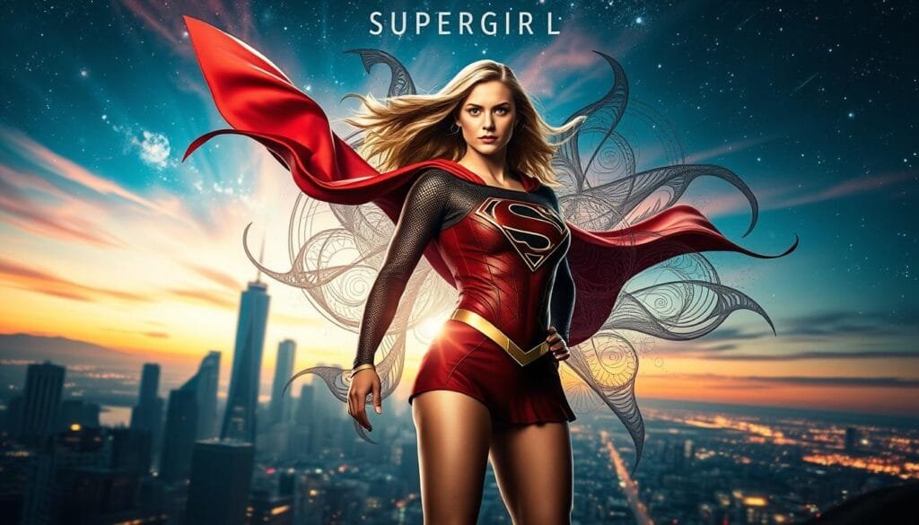 A captivating Supergirl fan art piece, showcasing the heroine in a dynamic, creative pose. In the foreground, Supergirl stands tall, her cape billowing in the wind, her expression determined and resolute. Intricate patterns and abstract shapes swirl around her, creating a mesmerizing, otherworldly effect. The middle ground features a city skyline, with futuristic architecture and glowing lights, hinting at the advanced technology of Supergirl's world. In the background, a vibrant, colorful sky with cosmic elements, such as nebulae and distant stars, adds a sense of grandeur and a touch of the supernatural. The overall atmosphere is one of power, innovation, and a unique artistic interpretation of the beloved Supergirl character.