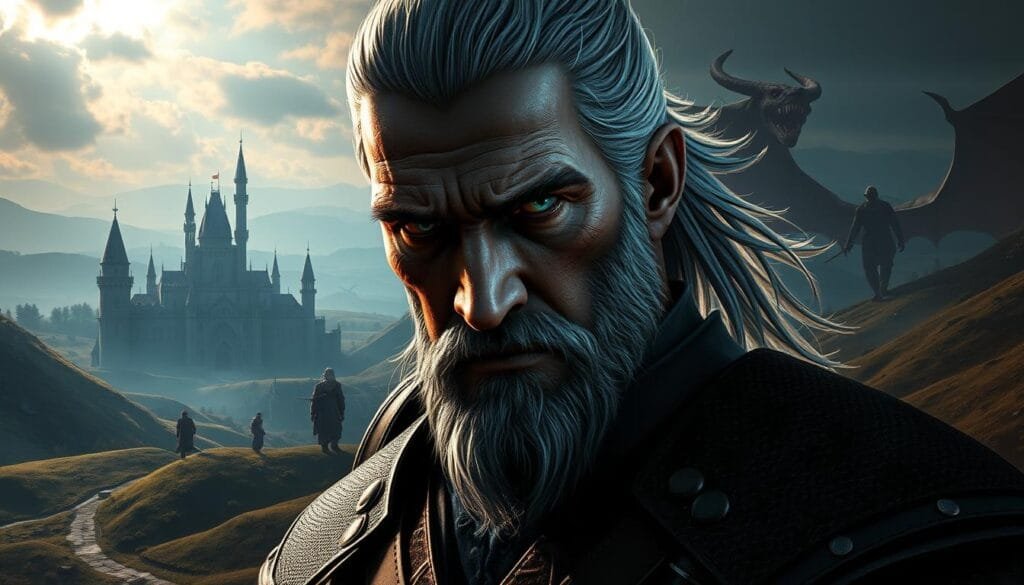 A captivating digital artwork depicting the rich and immersive world of The Witcher. In the foreground, the stoic and battle-hardened figure of Geralt of Rivia stands tall, his weathered face and piercing gaze reflecting the weight of his responsibilities as a Witcher. Behind him, a vibrant and atmospheric landscape unfolds, with towering medieval castles, rolling hills, and a moody, cinematic lighting that casts dramatic shadows. In the background, the iconic silhouettes of legendary monsters and mythical creatures loom, hinting at the dark and fantastical elements that define the Witcher's universe. The overall composition conveys a sense of power, mystery, and the extraordinary feats that Geralt and his kind must undertake to maintain the delicate balance of this richly imagined world.