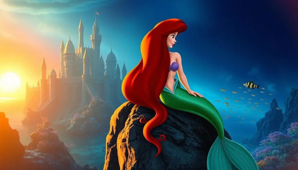 A captivating scene from the classic Disney tale "The Little Mermaid". In the foreground, the beautiful mermaid Ariel sits atop a grand rock formation, her flowing red hair and shimmering green tail illuminated by the warm, golden light of the setting sun. In the middle ground, the majestic underwater kingdom of Atlantica is visible, its towering coral castles and schools of vibrant fish creating a stunning underwater landscape. The background is filled with a dreamlike, hazy glow, evoking the sense of a magical, otherworldly realm. The overall composition and lighting capture the enchanting, whimsical essence of this iconic Disney scene.
