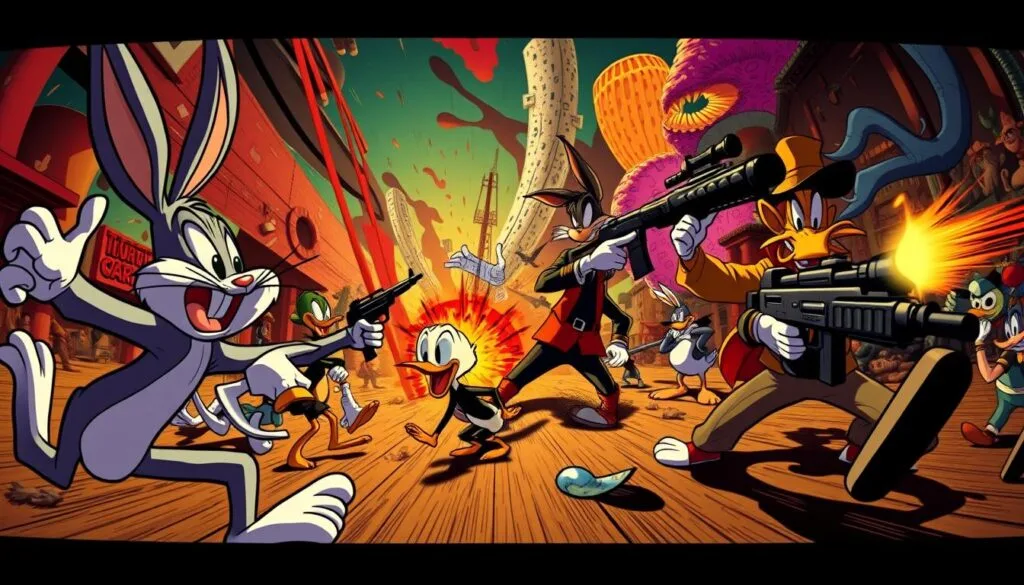 A chaotic, hyper-stylized scene of Looney Tunes characters engaged in a zany, slapstick misadventure. In the foreground, Bugs Bunny and Daffy Duck engage in a frenetic chase, their exaggerated expressions and cartoon anatomy conveying the madcap energy. In the middle ground, Elmer Fudd and Yosemite Sam exchange fire with an arsenal of comically oversized weapons, the dramatic lighting casting dynamic shadows. In the background, a warped, surreal landscape of vibrant, clashing colors and abstract shapes evokes the anarchic, anything-goes spirit of the classic cartoons. Crisp, high-contrast details, a fisheye lens distortion, and a moody, atmospheric lighting scheme lend a sense of heightened, hyper-real drama to the scene. A chaotic, hyper-stylized scene of Looney Tunes characters engaged in a zany, slapstick misadventure. In the foreground, Bugs Bunny and Daffy Duck engage in a frenetic chase, their exaggerated expressions and cartoon anatomy conveying the madcap energy. In the middle ground, Elmer Fudd and Yosemite Sam exchange fire with an arsenal of comically oversized weapons, the dramatic lighting casting dynamic shadows. In the background, a warped, surreal landscape of vibrant, clashing colors and abstract shapes evokes the anarchic, anything-goes spirit of the classic cartoons. Crisp, high-contrast details, a fisheye lens distortion, and a moody, atmospheric lighting scheme lend a sense of heightened, hyper-real drama to the scene.