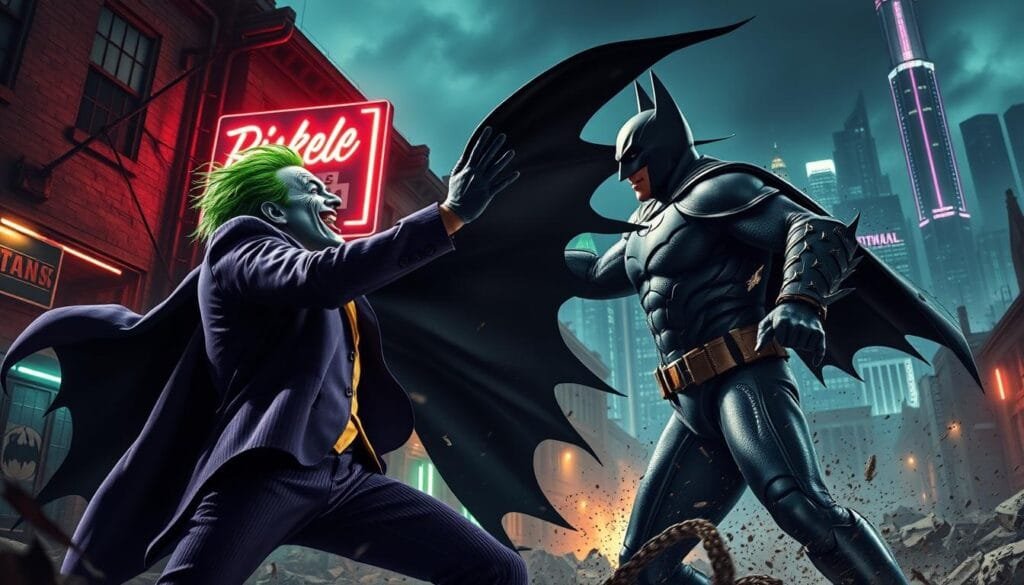 A chaotic showdown between the Clown Prince of Crime and the Dark Knight, set against the gritty backdrop of Gotham City. In the foreground, the Joker, his manic grin and wild green hair contrasting with Batman's imposing figure, their capes billowing as they clash in an intense battle of wits and physical prowess. The middle ground features the crumbling architecture of Gotham, neon lights casting an eerie glow over the scene. In the background, the shadowy silhouettes of Gotham's skyscrapers loom, a reminder of the city's constant struggle between good and evil. The lighting is dramatic, with deep shadows and highlights that accentuate the drama and tension of the confrontation. The camera angle is slightly elevated, giving a sense of the grand scale of the conflict unfolding below. A chaotic showdown between the Clown Prince of Crime and the Dark Knight, set against the gritty backdrop of Gotham City. In the foreground, the Joker, his manic grin and wild green hair contrasting with Batman's imposing figure, their capes billowing as they clash in an intense battle of wits and physical prowess. The middle ground features the crumbling architecture of Gotham, neon lights casting an eerie glow over the scene. In the background, the shadowy silhouettes of Gotham's skyscrapers loom, a reminder of the city's constant struggle between good and evil. The lighting is dramatic, with deep shadows and highlights that accentuate the drama and tension of the confrontation. The camera angle is slightly elevated, giving a sense of the grand scale of the conflict unfolding below.