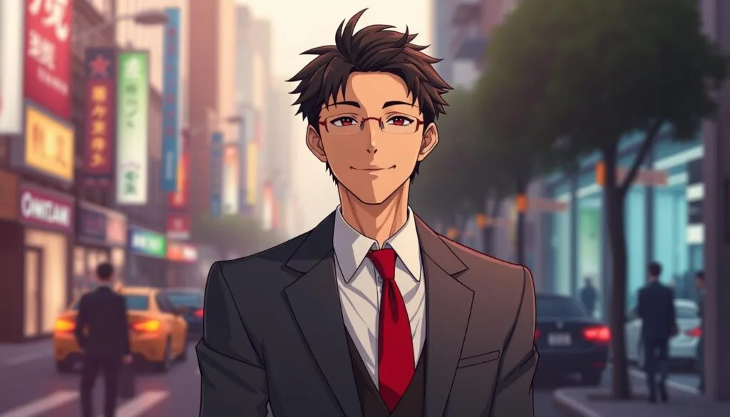 A charming and confident man with a warm smile, Reigen Arataka stands tall in the foreground, his stylish gray suit and red tie exuding an air of charisma. The middle ground features a soft, atmospheric backdrop of a bustling city street, with the hazy lights of passing cars and the silhouettes of pedestrians adding depth and a sense of urban vibrancy. The lighting is soft and flattering, casting gentle shadows that accentuate Reigen's features and create a visually striking composition. The overall mood is one of sophisticated charm and subtle energy, perfectly capturing the essence of this enigmatic psychic medium from the world of Mob Psycho 100. A charming and confident man with a warm smile, Reigen Arataka stands tall in the foreground, his stylish gray suit and red tie exuding an air of charisma. The middle ground features a soft, atmospheric backdrop of a bustling city street, with the hazy lights of passing cars and the silhouettes of pedestrians adding depth and a sense of urban vibrancy. The lighting is soft and flattering, casting gentle shadows that accentuate Reigen's features and create a visually striking composition. The overall mood is one of sophisticated charm and subtle energy, perfectly capturing the essence of this enigmatic psychic medium from the world of Mob Psycho 100.