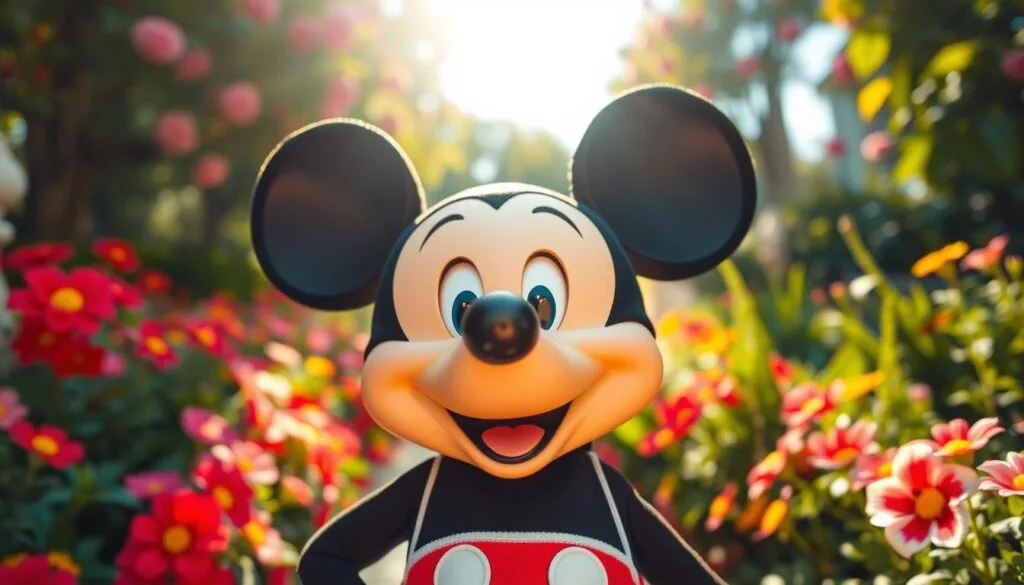 A cheerful Mickey Mouse, with a bright smile and sparkling eyes, stands in a lush, vibrant garden filled with colorful flowers and lush greenery. The sun casts a warm, golden glow, illuminating Mickey's friendly expression and creating a sense of joy and happiness. The camera angle is slightly low, giving the viewer a sense of whimsy and wonder, as if they are looking up at this beloved character. The overall atmosphere is one of pure delight and enchantment, perfectly capturing the essence of a "feliz" Mickey Mouse. A cheerful Mickey Mouse, with a bright smile and sparkling eyes, stands in a lush, vibrant garden filled with colorful flowers and lush greenery. The sun casts a warm, golden glow, illuminating Mickey's friendly expression and creating a sense of joy and happiness. The camera angle is slightly low, giving the viewer a sense of whimsy and wonder, as if they are looking up at this beloved character. The overall atmosphere is one of pure delight and enchantment, perfectly capturing the essence of a "feliz" Mickey Mouse.