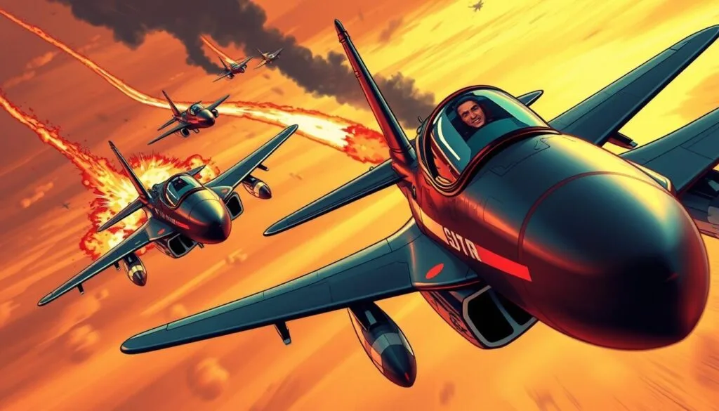 A cinematic aerial dogfight between fighter jets, rendered in the style of 1970s comic book art. The aircraft are heavily stylized with bold outlines, vibrant colors, and dynamic panel compositions. Smoke trails and explosive effects add drama and intensity. The sky is a gradient of warm hues, with a moody, retro atmosphere. The pilots' faces are exaggerated, conveying a sense of determination and bravado. The overall aesthetic is a striking fusion of classic comic book visuals and the high-octane action of Top Gun: Maverick.