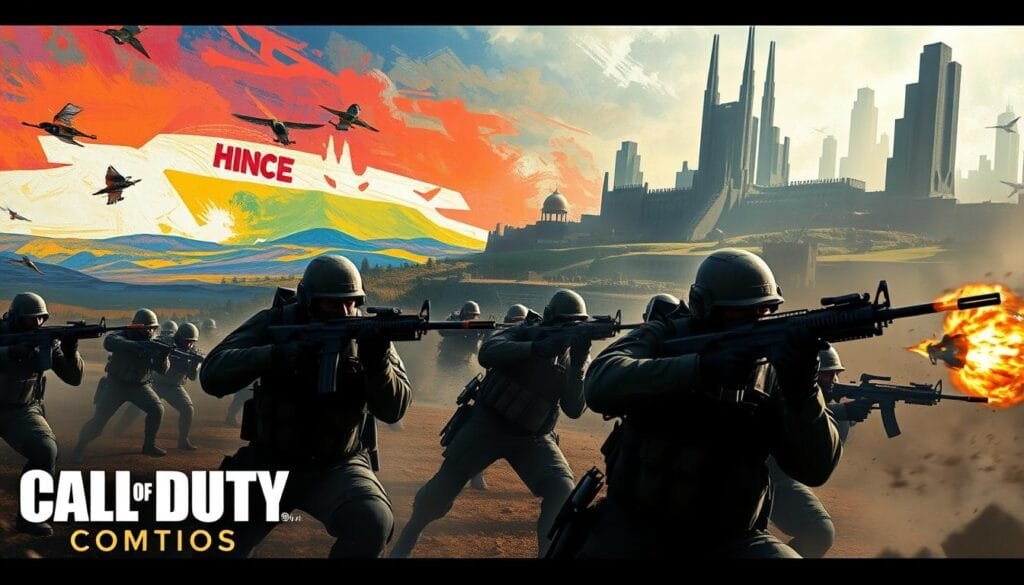 A cinematic battle scene from the Call of Duty universe, showcasing a diverse range of artistic styles. In the foreground, photorealistic soldiers engage in intense combat, their weapons and gear meticulously detailed. The middle ground features a surreal, impressionistic landscape, with swirling brushstrokes of vibrant color and light. In the background, a looming, cubist-inspired cityscape with angular, geometric structures dominates the scene. The lighting is a dramatic, high-contrast chiaroscuro, casting deep shadows and highlights that enhance the sense of drama and tension. The overall mood is one of gritty realism blended with an abstract, almost expressionistic artistic interpretation of the iconic Call of Duty setting.