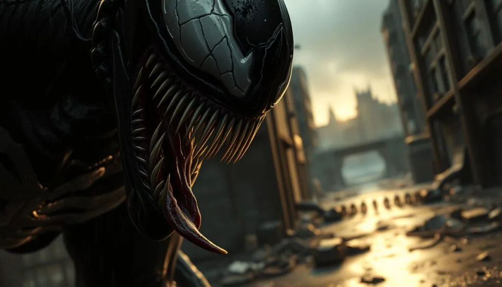 A cinematic close-up of Venom, the iconic Marvel anti-hero, in a variety of gritty, atmospheric environments. In the foreground, Venom's menacing, alien-like form looms large, its sharp fangs and sinister eyes conveying a sense of primal power. The middle ground features a moody, dimly lit urban setting - perhaps a rain-soaked alleyway or a decrepit industrial landscape, casting dramatic shadows and highlights across Venom's form. The background seamlessly blends into a surreal, otherworldly realm, hinting at the dark, supernatural forces that imbue Venom with his extraordinary abilities. The lighting is contrasty and dramatic, with pools of light and shadow accentuating Venom's predatory, inhuman presence. The overall mood is one of gritty realism tinged with a sense of the uncanny and the unknown.