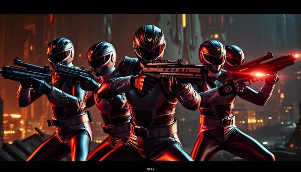 A cinematic close-up of a Power Rangers team, their iconic suits glowing with iridescent details, wielding advanced futuristic weapons and technological devices. The scene is bathed in a dramatic chiaroscuro lighting, creating a moody, high-contrast atmosphere. The Rangers are posed in dynamic action stances, mid-combat against a complex, multilayered backdrop of a futuristic cityscape or alien landscape. The composition emphasizes dramatic angles, dynamic framing, and a sense of scale and spectacle, showcasing the technical prowess and creativity of the prompt engineer.