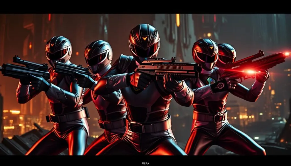 A cinematic close-up of a Power Rangers team, their iconic suits glowing with iridescent details, wielding advanced futuristic weapons and technological devices. The scene is bathed in a dramatic chiaroscuro lighting, creating a moody, high-contrast atmosphere. The Rangers are posed in dynamic action stances, mid-combat against a complex, multilayered backdrop of a futuristic cityscape or alien landscape. The composition emphasizes dramatic angles, dynamic framing, and a sense of scale and spectacle, showcasing the technical prowess and creativity of the prompt engineer.