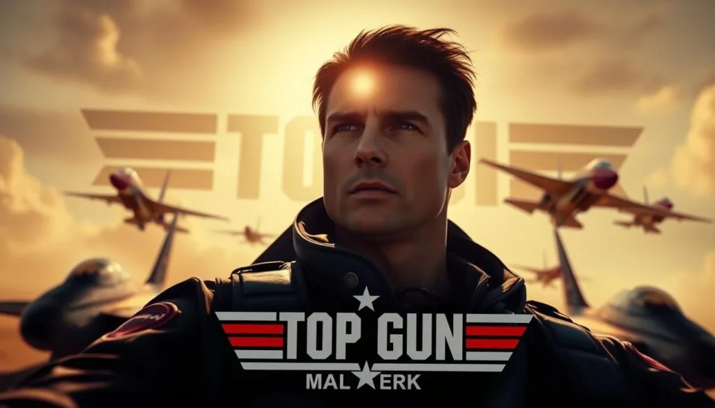 A cinematic close-up of a Top Gun: Maverick movie poster, captured with a high-end DSLR camera in a dramatic low-angle perspective. The poster features a heroic portrait of Maverick, played by Tom Cruise, in his iconic flight suit against a hazy, sunlit sky. The background is filled with sleek fighter jets and the iconic "Top Gun" logo, evoking the high-octane action and thrilling aerial sequences of the film. The lighting is moody and atmospheric, with warm highlights and deep, inky shadows that convey a sense of intensity and anticipation. The overall composition is bold, dynamic, and visually striking, perfectly capturing the essence of this long-awaited sequel to the classic 1980s action film.