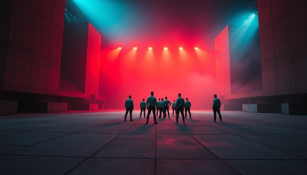 A cinematic close-up view of the iconic Squid Game arena, bathed in an eerie red glow from the floodlights above. The arena's geometric concrete surfaces and towering walls loom in the foreground, casting dramatic shadows across the playing field. In the middle ground, a group of players, clad in the distinctive green tracksuit uniforms, stand poised and focused, ready to engage in the deadly competition. The background is shrouded in a hazy, unsettling atmosphere, evoking the sense of tension and high stakes that permeate the world of Squid Game. The lighting is dramatic, with deep shadows and highlights that emphasize the bold, graphic nature of the scene. The overall composition and mood capture the essence of the Squid Game universe and its captivating, high-stakes narrative.
